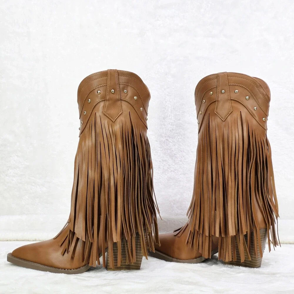 NIB Boundary Tan Faux Leather Layered Fringe Country Western Cowgirl Boots - Picture 1 of 8